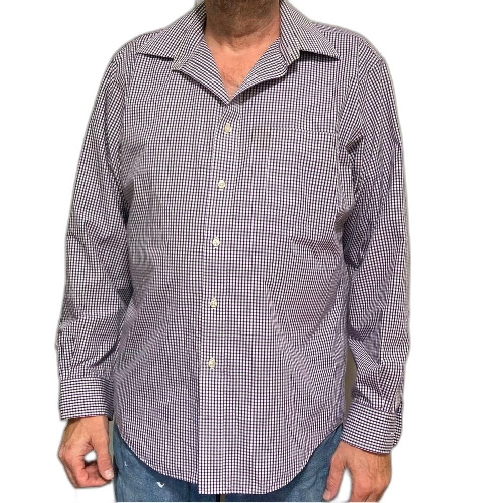 Lands End White Purple Black Gingham Cotton Button Down Long Sleeves Men 16.5